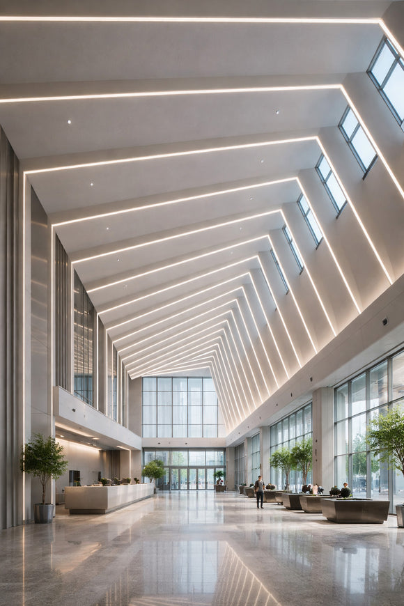 YD 7615 Silver Aluminum Channel applied in commercial lobby ceiling linear lighting, creating clean recessed lines with uniform architectural illumination