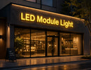Yellow LED Module Light installed in illuminated channel letter signage, enhancing storefront visibility with uniform lighting for commercial facade applications.