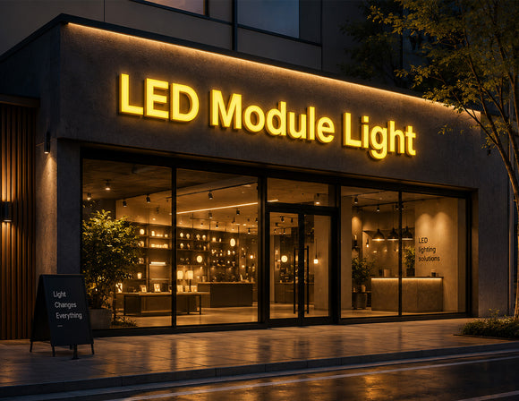 Yellow LED Module Light installed in illuminated channel letter signage, enhancing storefront visibility with uniform lighting for commercial facade applications.