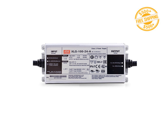 Mean Well 100W 24VDC low voltage transformer for powering LED strip light systems and label for free shipping on orders over $500.