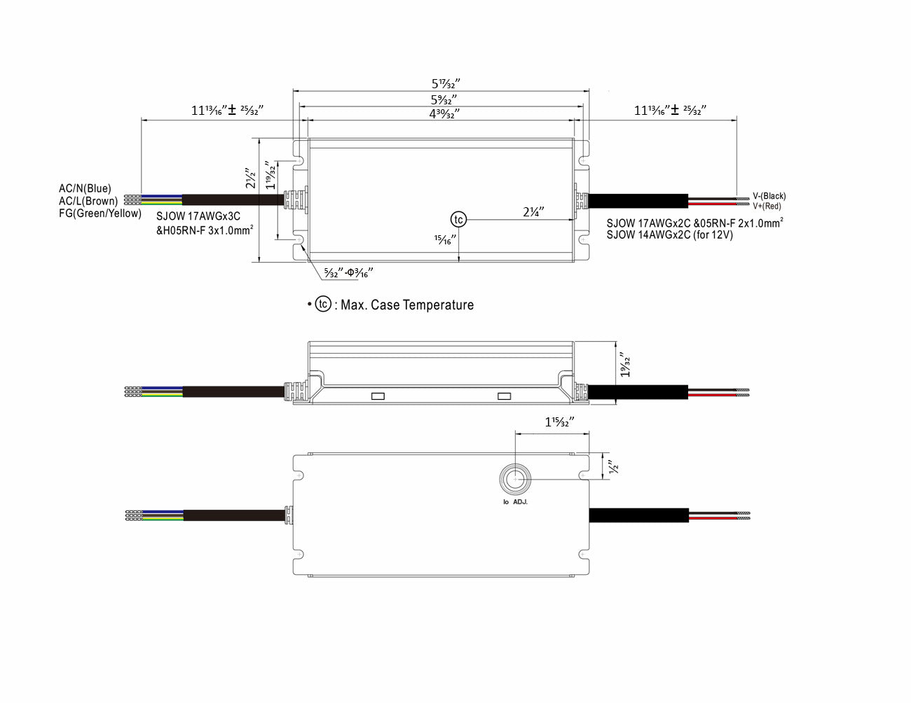 Mean Well 100W 24V specifications, including the wiring, polarity, and measurements of the LED power supply.