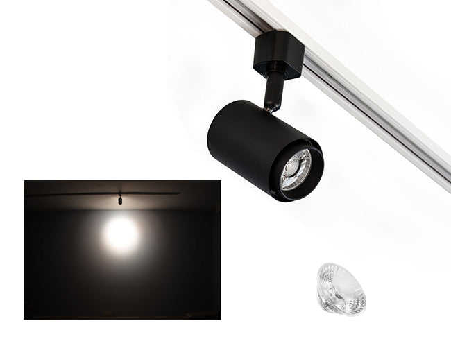 Black LED Track Light - Dim to Warm 10W model with a smaller interchangeable lens.