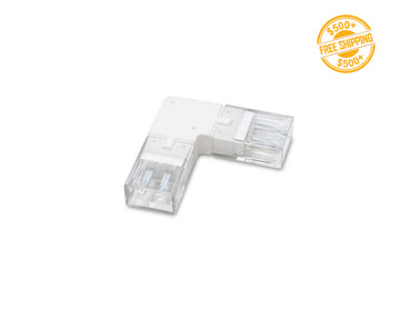 Top view of a 120V LED strip light accessory corner connector. The connector is to connector 120V LED strip light that are perpendicular to each other. A label of free shipping for orders over $500 is shown as well.