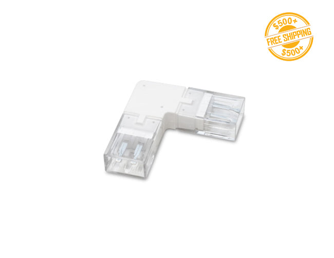 Top view of a 120V LED strip light accessory corner connector. The connector is to connector 120V LED strip light that are perpendicular to each other. A label of free shipping for orders over $500 is shown as well.