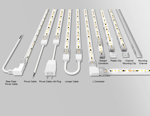 An overview of 120V LED strip light accessories, including rear feed power cable, power cable, power cable with plug, jumper cable, L-connector, straight connector, plastic clip, channel mounting clip, and mounting channel.