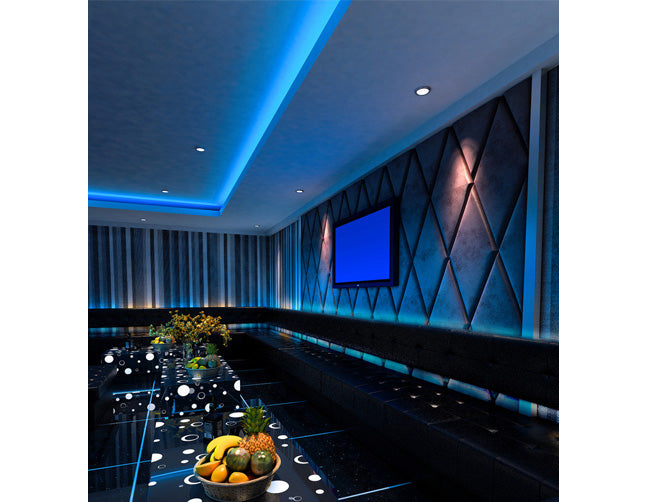 A bar uses high voltage LED strip lights for cove lighting and a curated atmosphere.