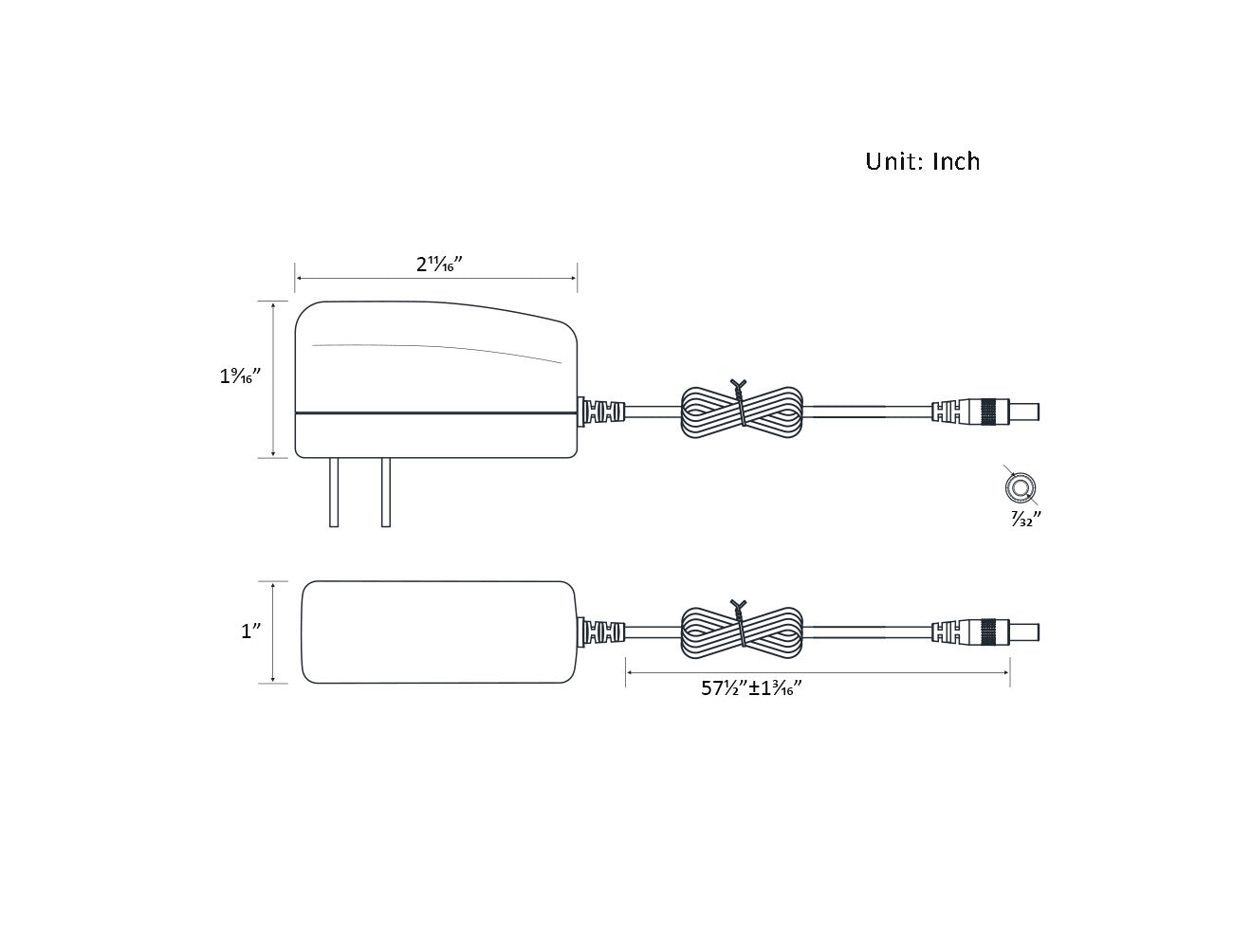 Measurements for the 12W 12V Power Adapter shown in inches.