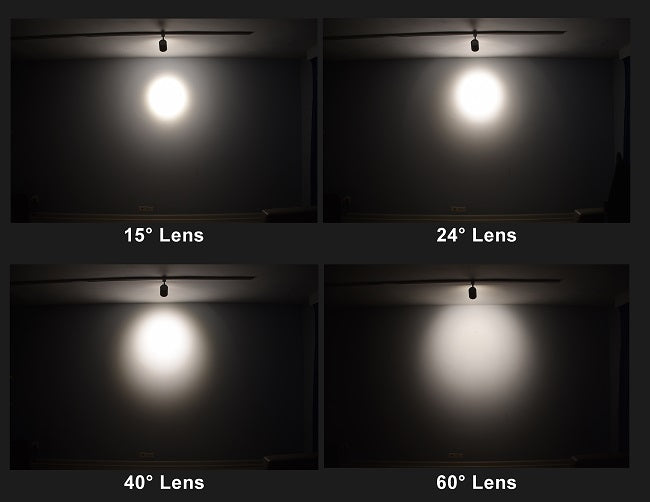 Lighting effects comparison from LED Track Light standard 14W 3000K model with selectable beam angles at 15 degree, 24 degree, 40 degree, and 60 degree.