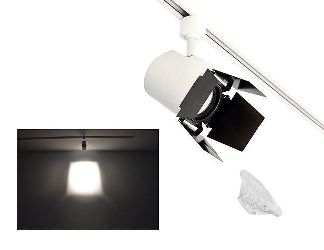 The image showcases the lighting effect produced by a white color track light with a barn door and a 60° lens, revealing a distinct rectangular bright spot on the wall targeted by the track light.
