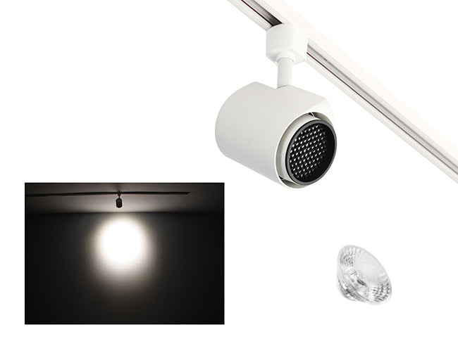 The image showcases the lighting effect produced by a white color track light with honeycomb and a 24° lens, revealing a distinct circular bright spot on the wall targeted by the track light.