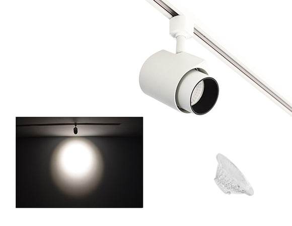 The image showcases the lighting effect produced by a white color track light with snoot and a 60° lens, revealing a distinct circular bright spot on the wall targeted by the track light.