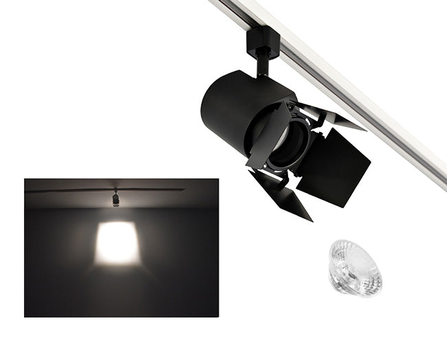 The image showcases the lighting effect produced by a black color track light with a barn door and a 24° lens, revealing a distinct rectangular bright spot on the wall targeted by the track light.