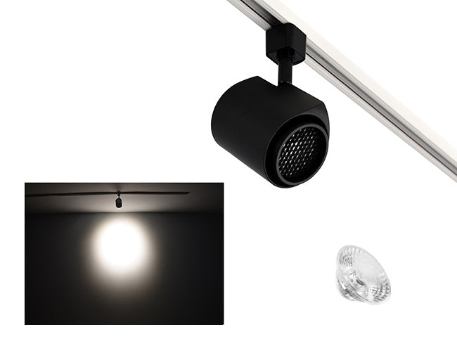 The image showcases the lighting effect produced by a black color track light with honeycomb and a 24° lens, revealing a distinct circular bright spot on the wall targeted by the track light.