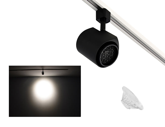 The image showcases the lighting effect produced by a black color track light with honeycomb and a 60° lens, revealing a distinct circular bright spot on the wall targeted by the track light.