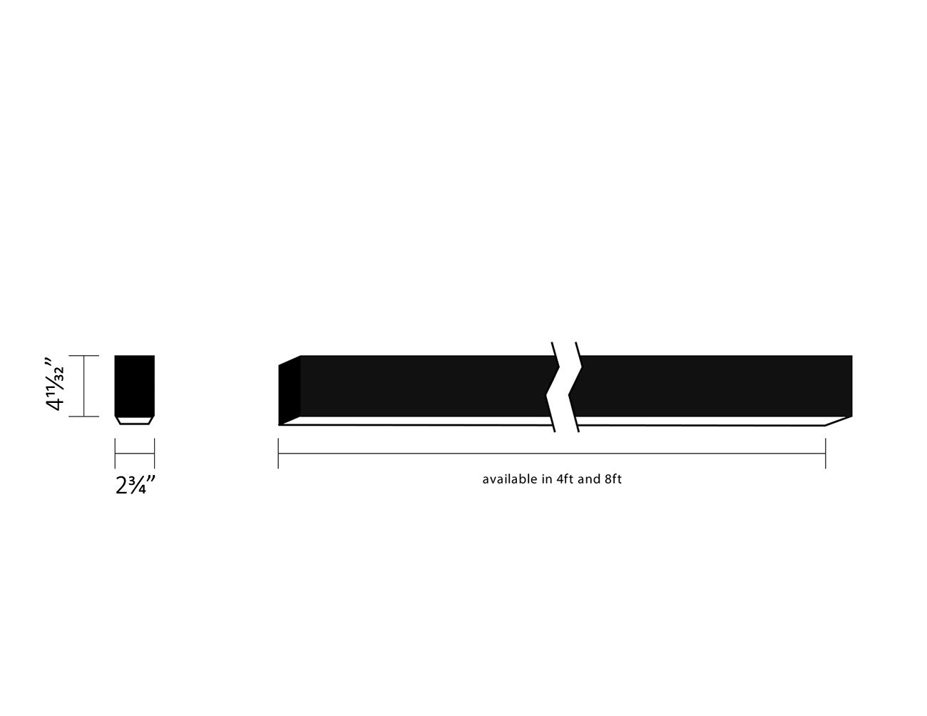 GL LED linear lights L11070 straight available in 4ft and 8ft. Width is 2-3/4" and height is 4-11/32".