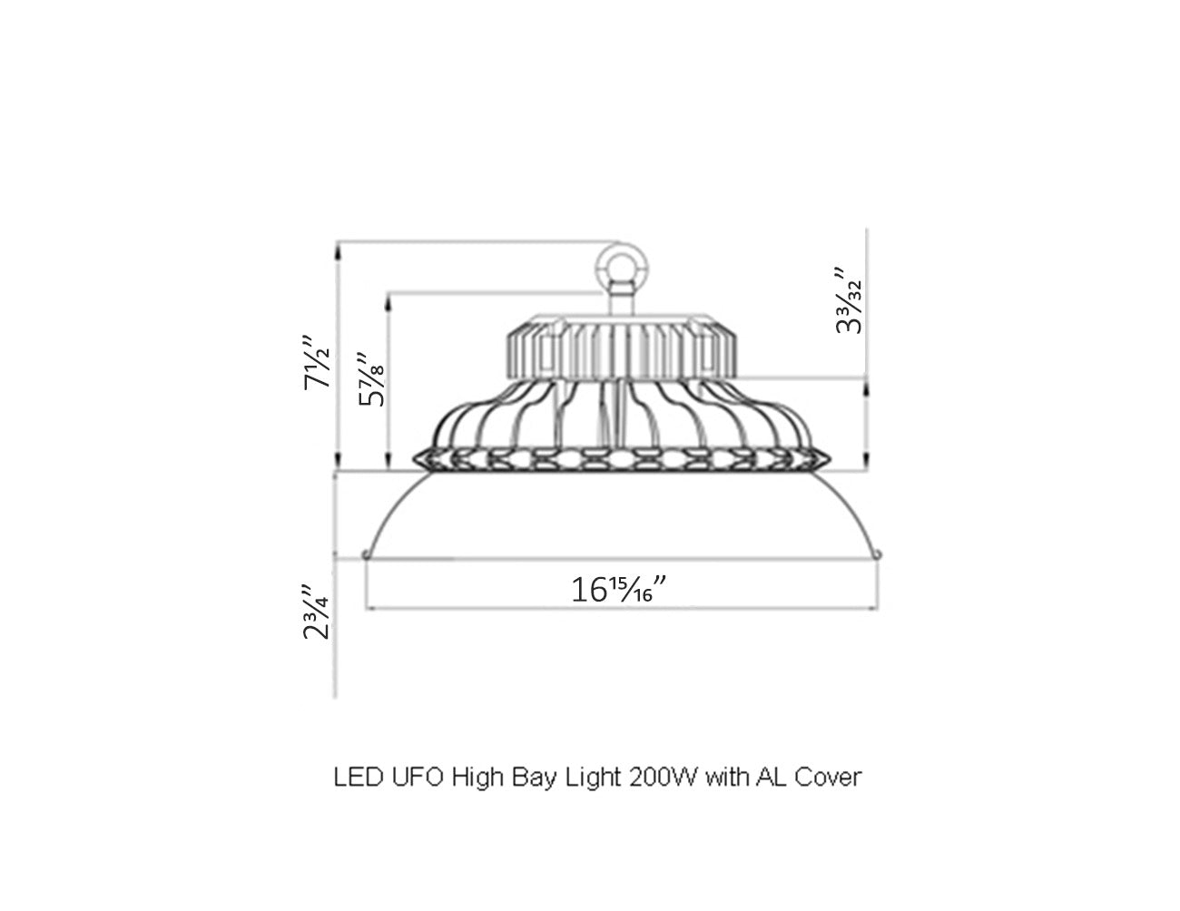 Dimensions of LED UFO high bay light 200W with an aluminum cover.