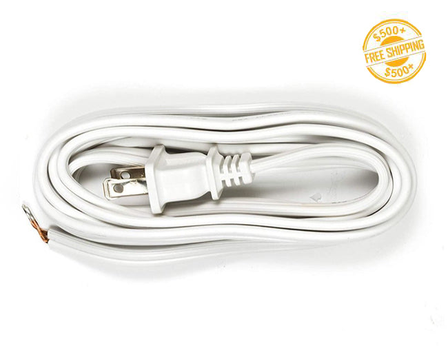 Top view of 2-prong AC power cord cable white color; a label of free shipping for orders over $500 is shown as well.