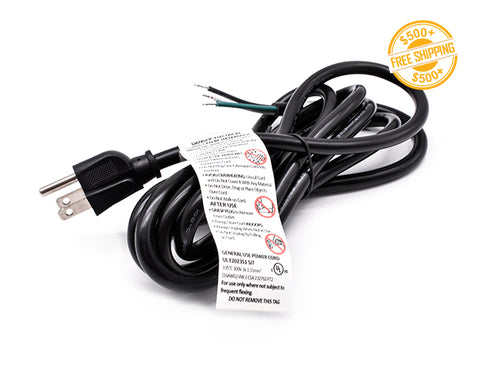 Top view of 3-prong AC power cord cable black color; a label of free shipping for orders over $500 is shown as well.