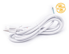 Top view of 3-prong AC power cord cable white color; a label of free shipping for orders over $500 is shown as well.