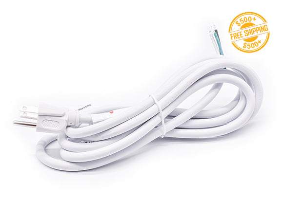Top view of 3-prong AC power cord cable white color; a label of free shipping for orders over $500 is shown as well.