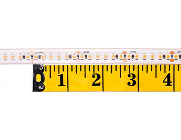 Clearance product LED Strip Light Single Color 3528-180-2900~3200K-24V-IP68, with a measure tape showing a cutting distance of 1-1/4". 