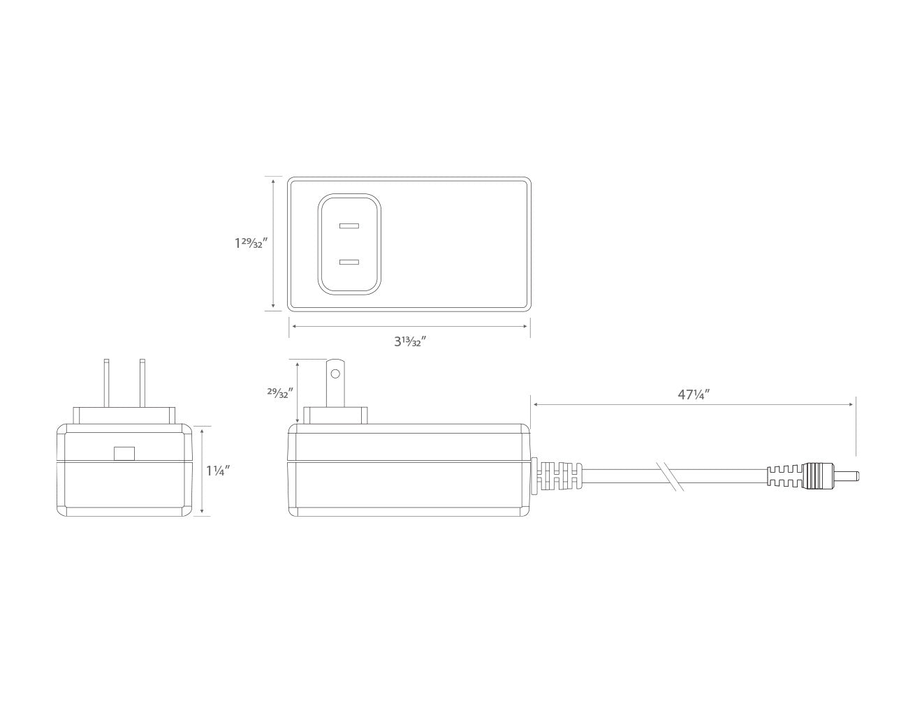 Dimensions for the 36W 24VDC power adapter.