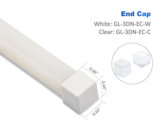 LED 3D Neon Light End Cap white color and clear; dimension is 0.38" long, 0.43" wide, and 0.44" high.