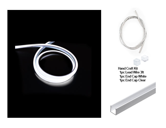 LED 3D Neon Light Single Color 6500K for Wet Location 24V light, with a hand craft kit including a 3ft lead wire, a white end cap, and a clear end cap, with a deep mounting channel.