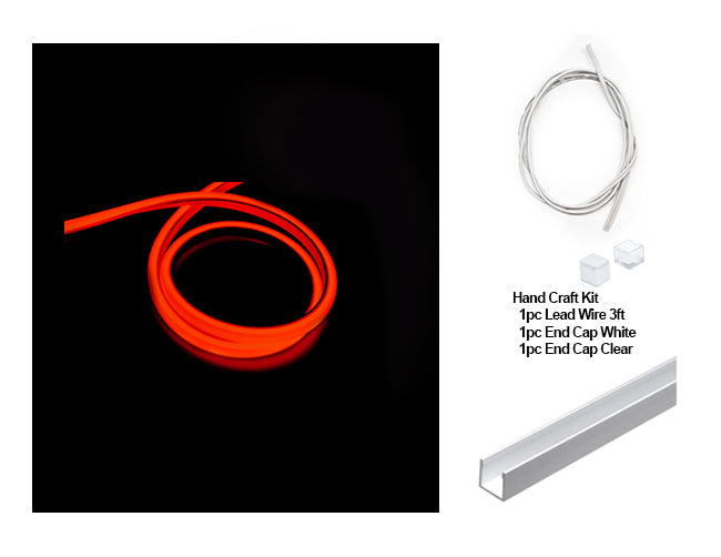 LED 3D Neon Light Single Color red for Wet Location 24V light, with a hand craft kit including a 3ft lead wire, a white end cap, and a clear end cap, with a deep mounting channel.