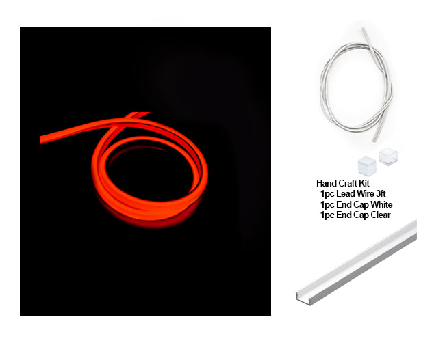 LED 3D Neon Light Single Color red for Wet Location 24V light, with a hand craft kit including a 3ft lead wire, a white end cap, and a clear end cap, with a regular mounting channel.