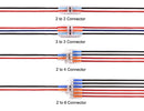Top view of wire compact splicing connectors, including a 2 to 2 connector, a 3 to 3 connector, a 2 to 4 connector, and a 2 to 6 connector.