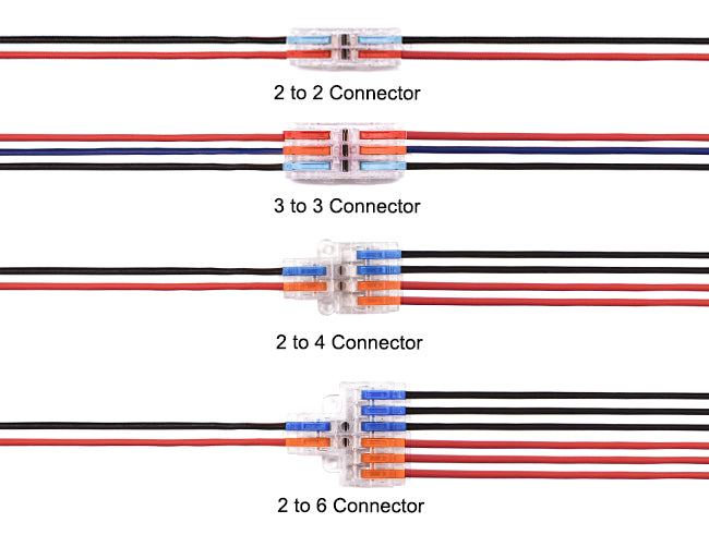 Top view of wire compact splicing connectors, including a 2 to 2 connector, a 3 to 3 connector, a 2 to 4 connector, and a 2 to 6 connector.