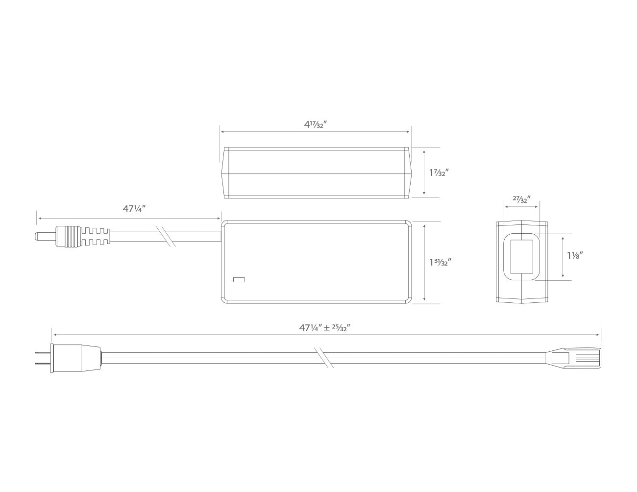 Dimensions for the 60W 24VDC power adapter.