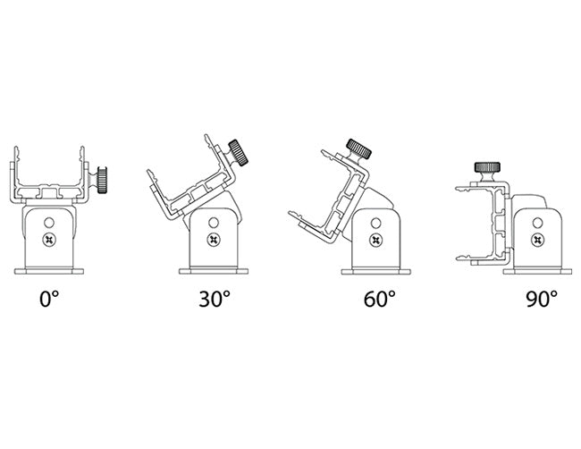 Aluminum channel ES-3021 accessory adjustable bracket can easily change angles. Four representative angles including 0 degree, 30 degree, 60 degree and 90 degree are illustrated in the image.