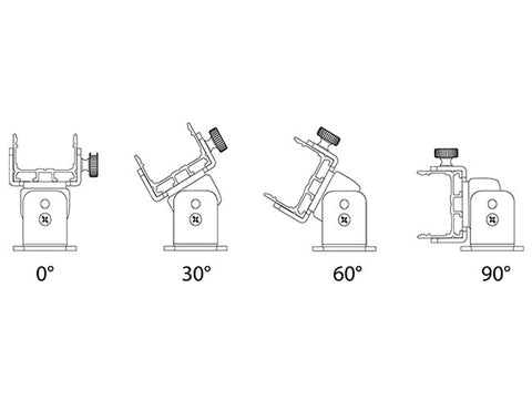 Aluminum channel ES-2321 accessory adjustable bracket can easily change angles. Four representative angles including 0 degree, 30 degree, 60 degree and 90 degree are illustrated in the image.