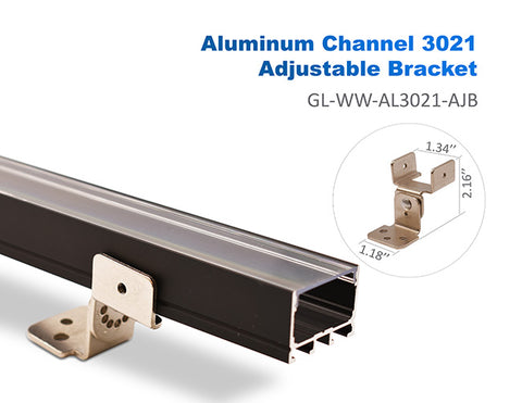 A section of aluminum channel ES-3021 is attached by its adjustable bracket. Dimensions of the adjustable bracket is shown as well.