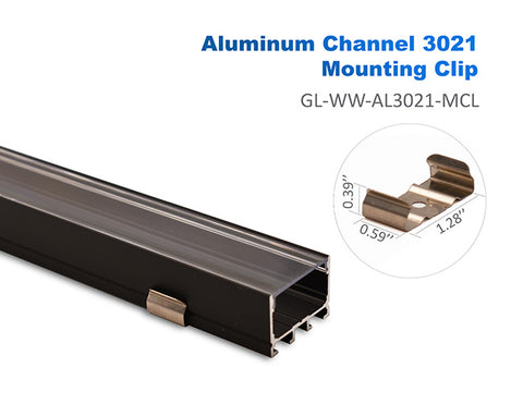 Aluminum channel ES-3021 is clipped using its compatible mounting clip that is 1.28" long, 0.59" wide, and 0.39" high.