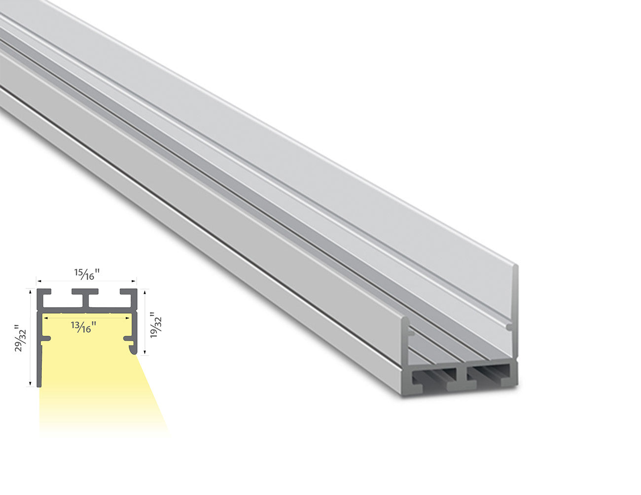 Top view of aluminum channel ES-2321. ES-2321 is a rectangular shaped channel made of anodized extruded aluminum without a diffuser and has an unsymmetrical on both sides. There are two grooves at the bottom of the channel.