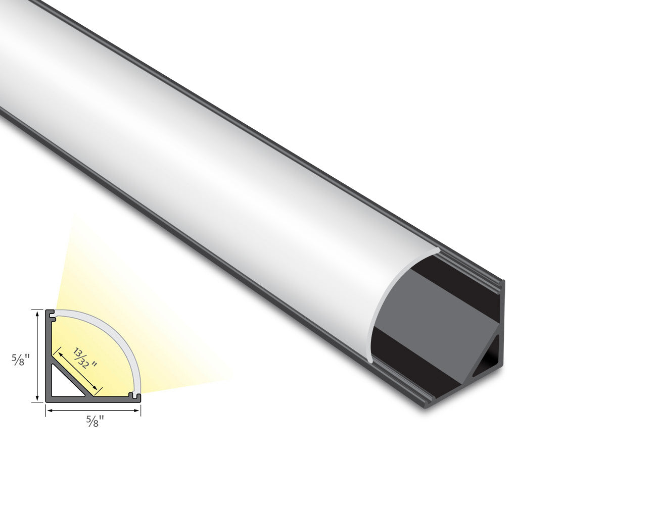 Cross section view of aluminum channel round corner-S YD 1002 black channel with milky diffuser, showing its dimension and light glowing directions.