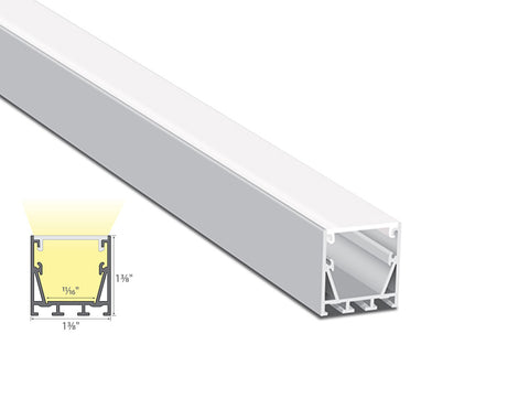 Front view of ES-3535 aluminum channel extrusion. The extrusion is square-shaped with a milky diffuser.
