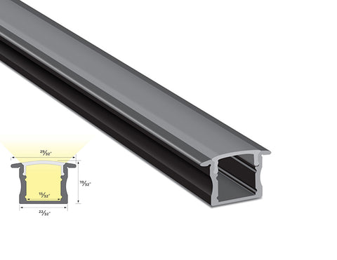 Front section view of slim recess aluminum channel YD 1201 black color with black diffuser, showing its dimension and light glowing directions.