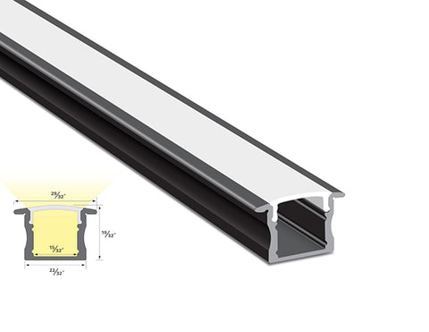 Front section view of slim recess aluminum channel YD 1201 black color with milky diffuser, showing its dimension and light glowing directions.