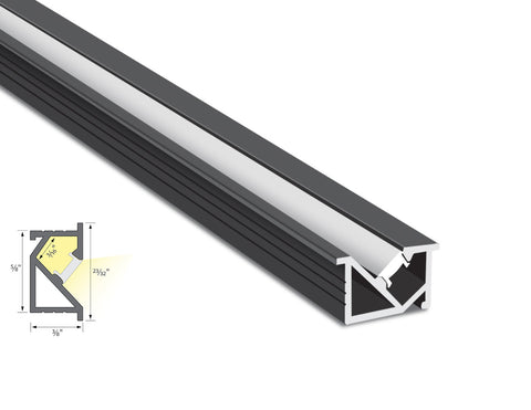 Cross section view of aluminum channel JH 1716 angle recess black color, showing its dimension and light glowing directions.