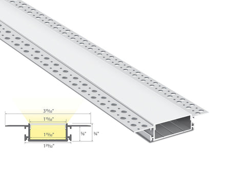 Cross section view of wide trimless recess aluminum channel GL 081, showing its dimension and light glowing directions.