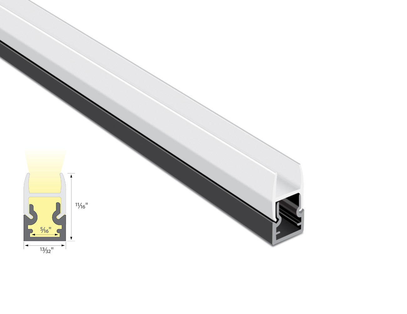 Cross section view of aluminum channel JH 1686 black color, showing its dimension and light glowing directions.