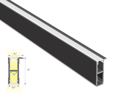 Cross section view of aluminum channel JH 1713 angle recess black color, showing its dimension and light glowing directions.