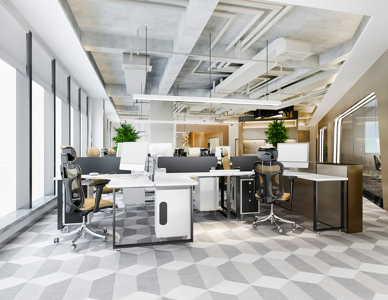 A few LED strip light fixtures using ES-5035 aluminum channels are suspended on the ceiling to illuminate an office area.