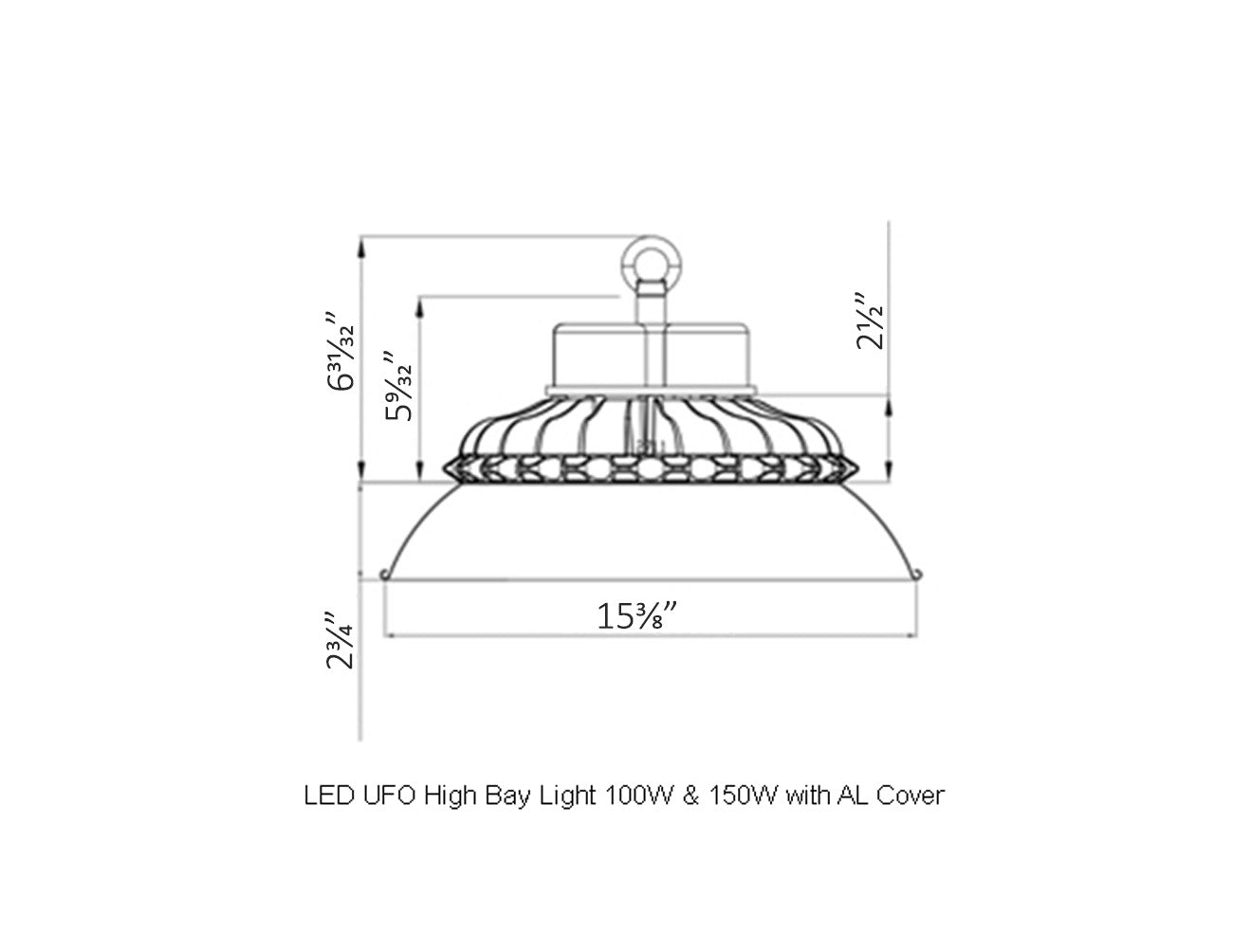 Dimensions of LED UFO high bay light 100W and 150W with an aluminum cover.