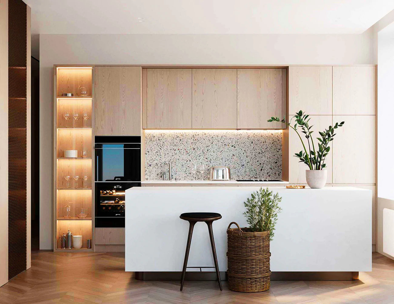 Undercabinet lights illuminate counter backsplashes in a kitchen space.