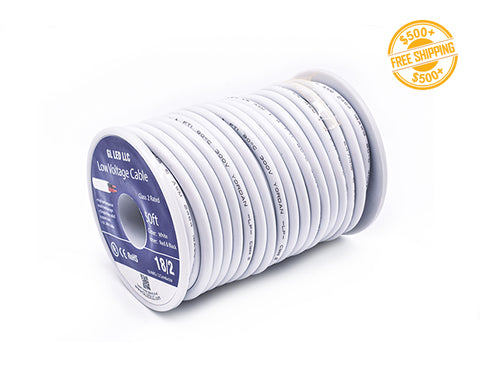 Front view of Class 2 In-wall 18AWG 2 Conductor Wire - 50ft white color; a label of free shipping for orders over $500 is shown as well.